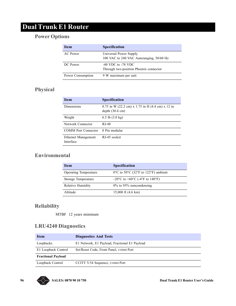 Power options, Physical, Environmental | Reliability, Lru4240 diagnostics, Environmental 96, Dual trunk e1 router, Power options physical environmental reliability | Black Box LRU4240 User Manual | Page 108 / 218