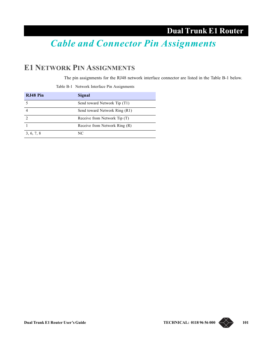 Cable and connector pin assignments, E1 network pin assignments, Appendix b, cable and connector pin assignments | Dual trunk e1 router, E1 n | Black Box LRU4240 User Manual | Page 113 / 218
