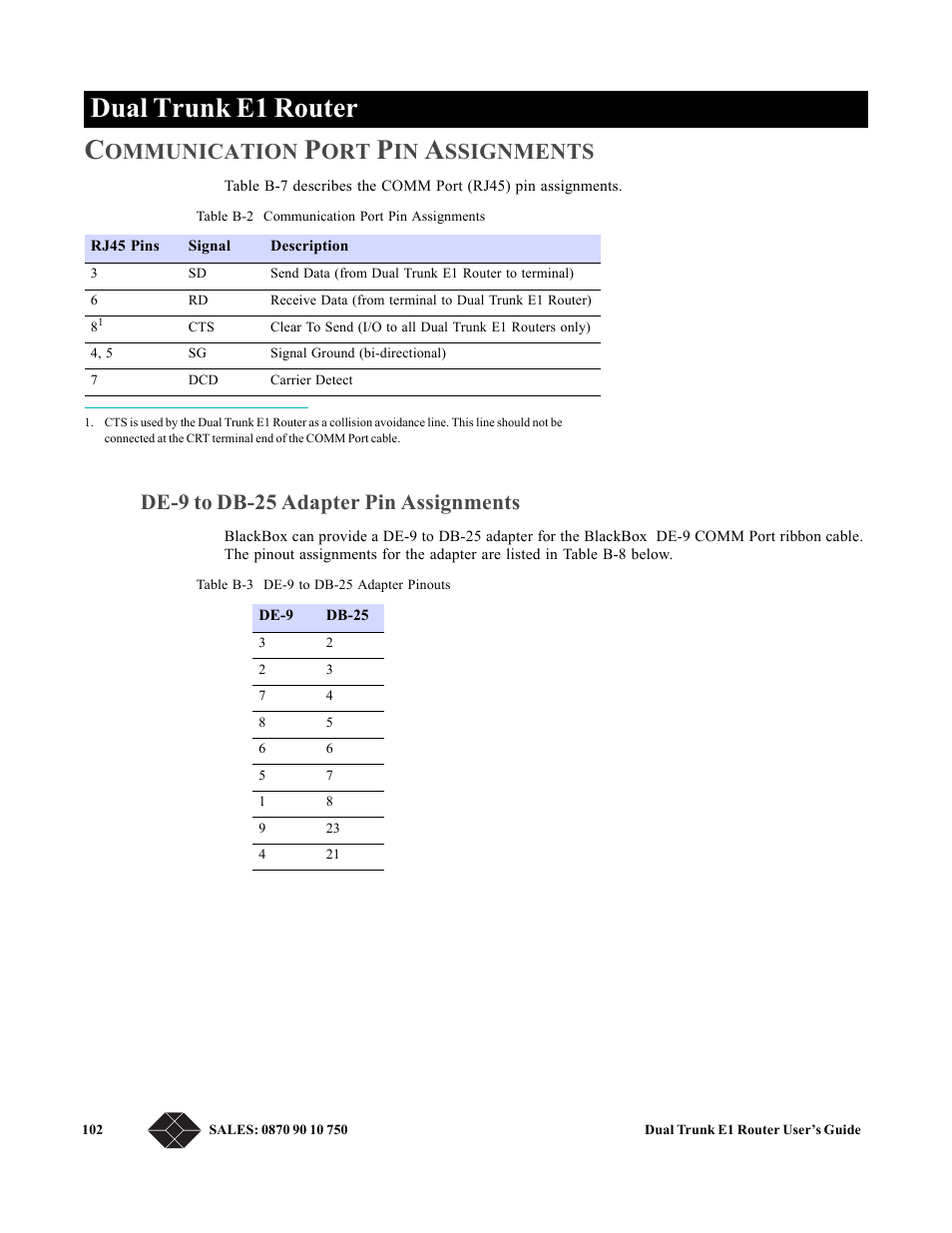 Communication port pin assignments, De-9 to db-25 adapter pin assignments, Dual trunk e1 router c | Ommunication, Ssignments | Black Box LRU4240 User Manual | Page 114 / 218