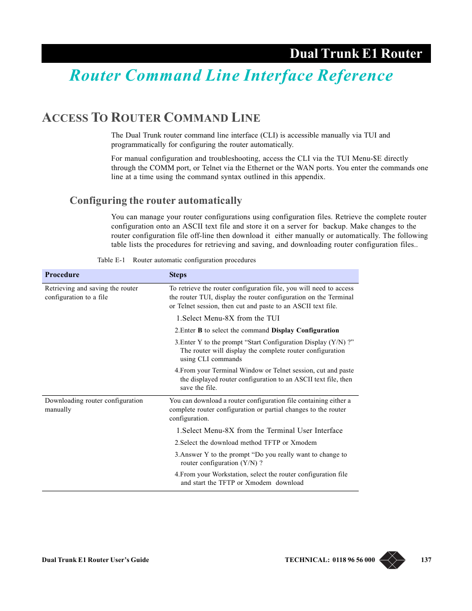 Router command line interface reference, Access to router command line, Configuring the router automatically | Dual trunk e1 router, Ccess, Outer, Ommand | Black Box LRU4240 User Manual | Page 149 / 218