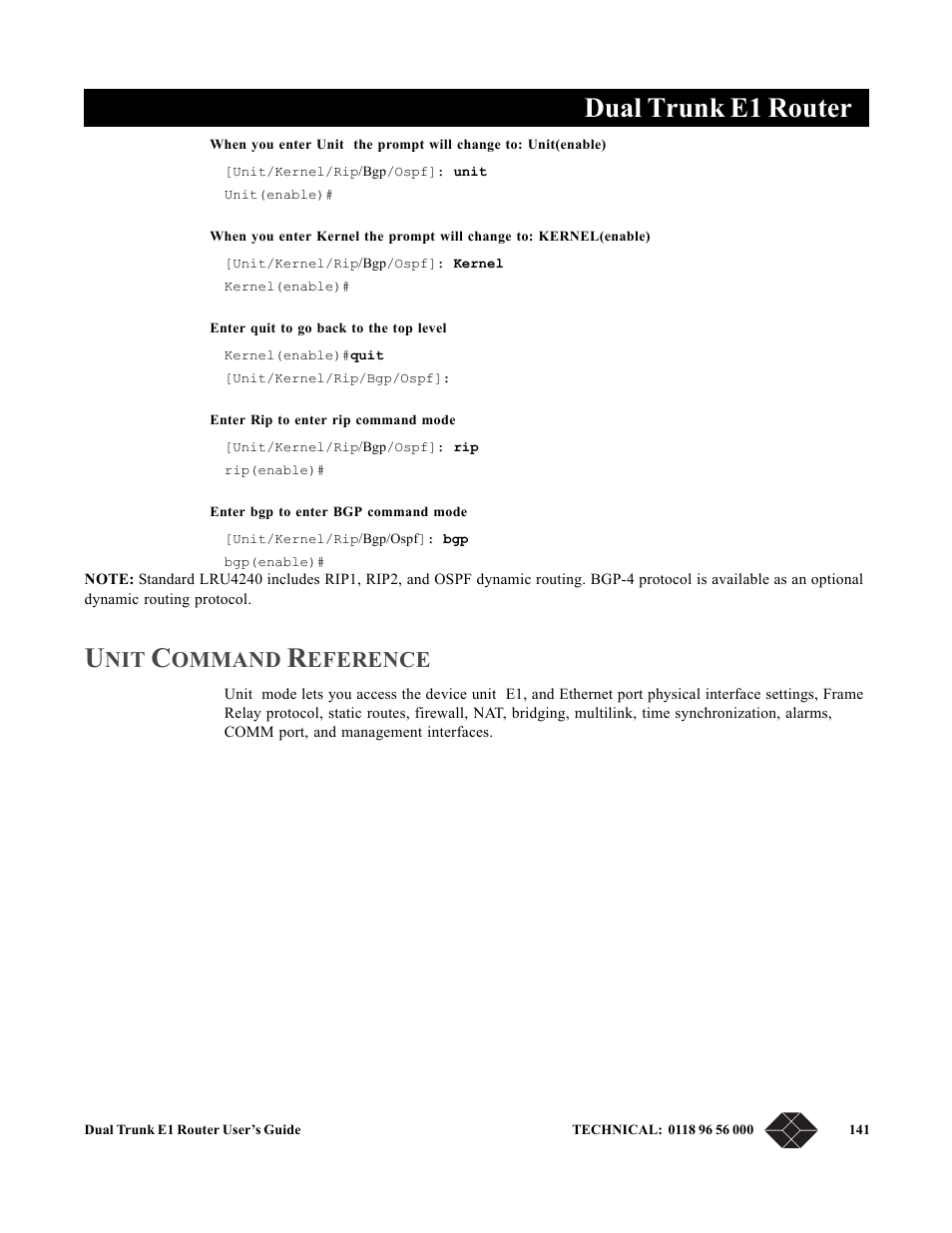 Unit command reference, Dual trunk e1 router, Ommand | Eference | Black Box LRU4240 User Manual | Page 153 / 218