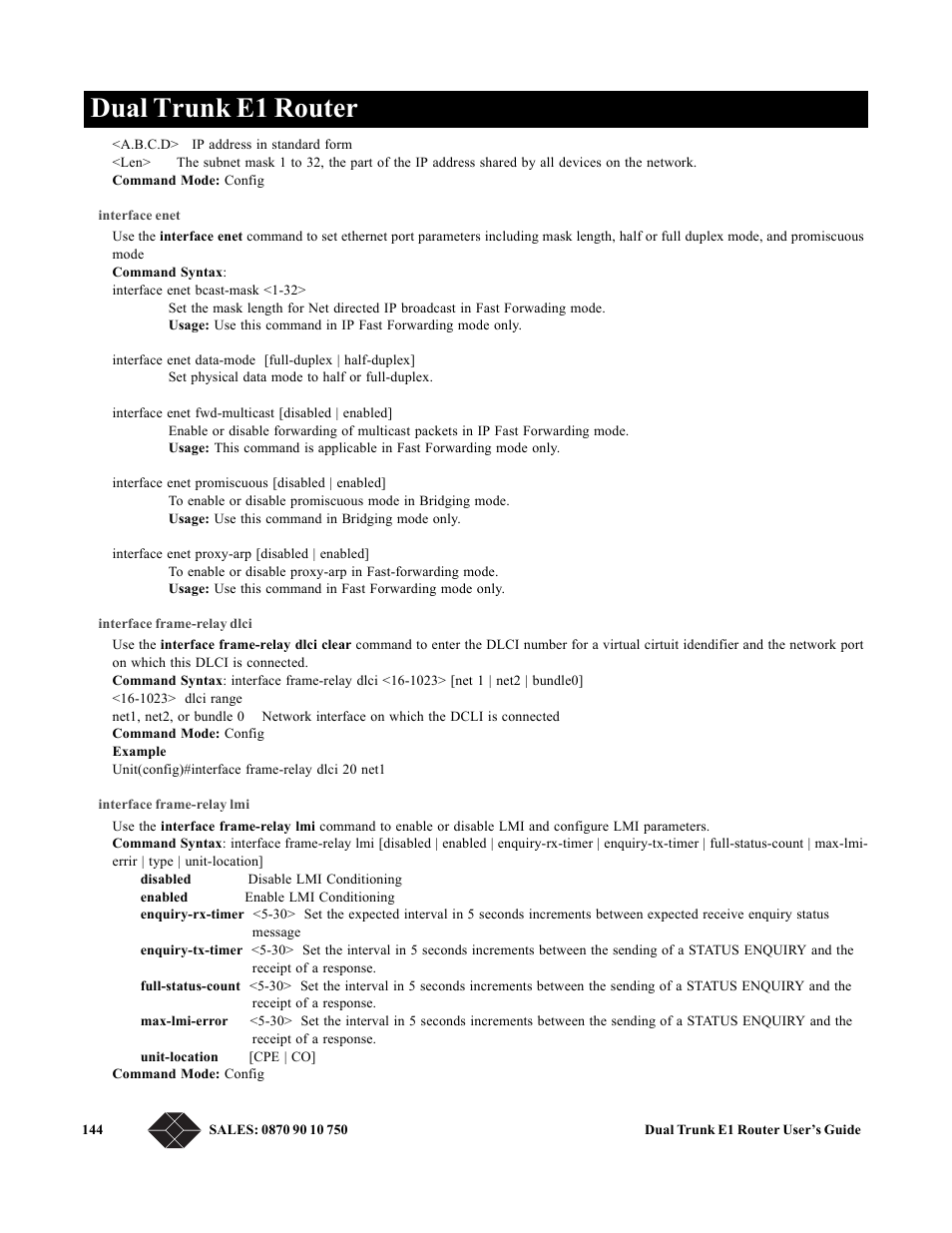 Interface enet, Interface frame-relay dlci, Interface frame-relay lmi | Dual trunk e1 router | Black Box LRU4240 User Manual | Page 156 / 218