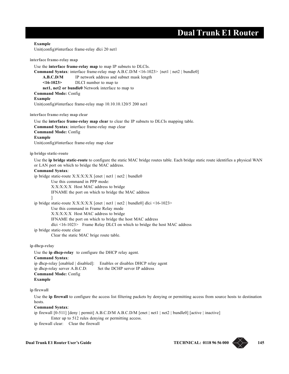 Interface frame-relay map, Interface frame-relay map clear, Ip bridge static-route | Ip dhcp-relay, Ip firewall, Dual trunk e1 router | Black Box LRU4240 User Manual | Page 157 / 218