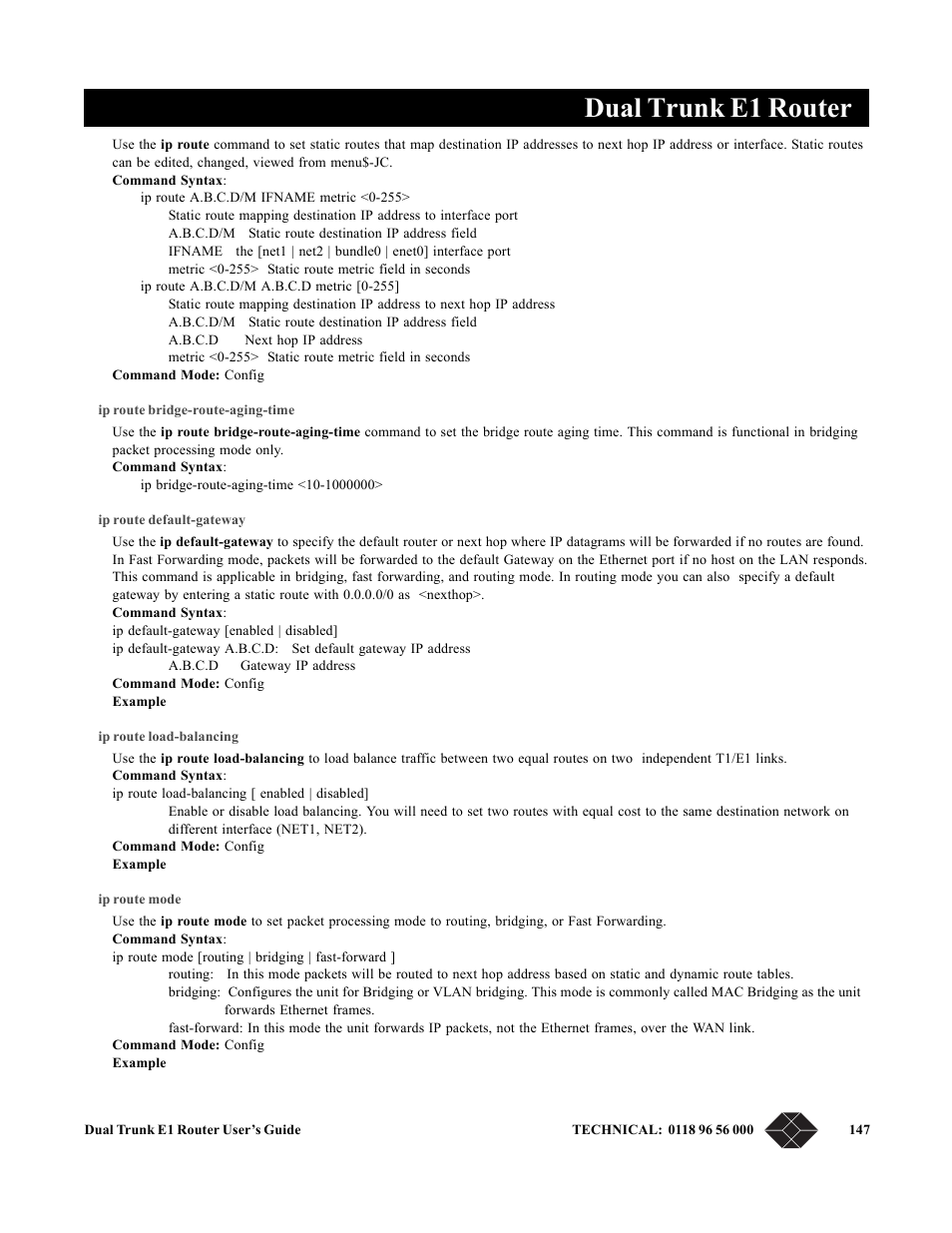 Ip route bridge-route-aging-time, Ip route default-gateway, Ip route load-balancing | Ip route mode, Dual trunk e1 router | Black Box LRU4240 User Manual | Page 159 / 218