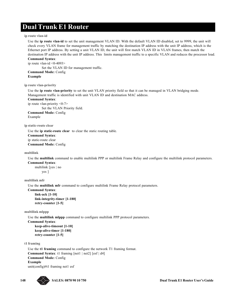 Ip route vlan-id, Ip route vlan-priority, Ip static-route clear | Multilink, Multilink mfr, Multilink mlppp, T1 framing, Dual trunk e1 router | Black Box LRU4240 User Manual | Page 160 / 218