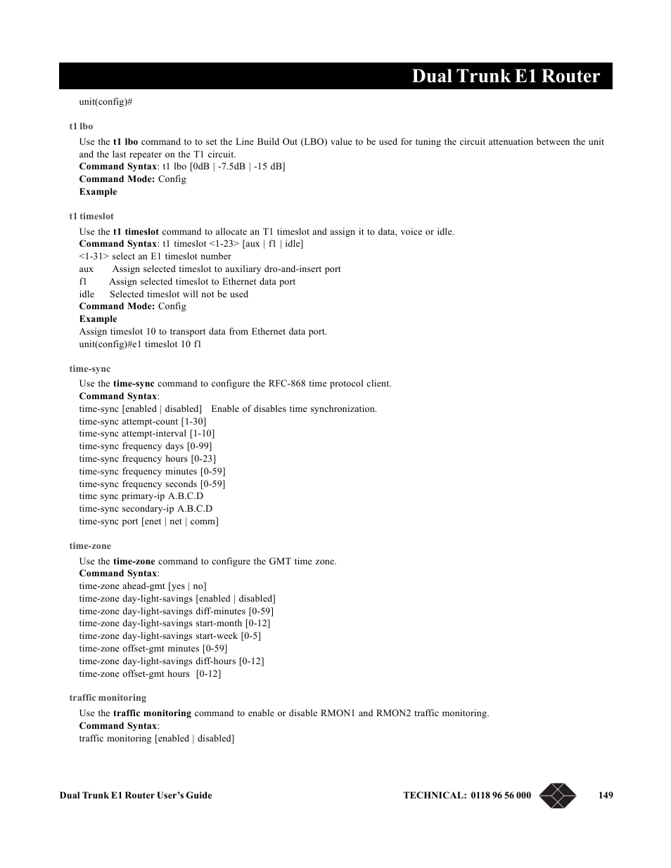 T1 lbo, T1 timeslot, Time-sync | Time-zone, Traffic monitoring, Dual trunk e1 router | Black Box LRU4240 User Manual | Page 161 / 218