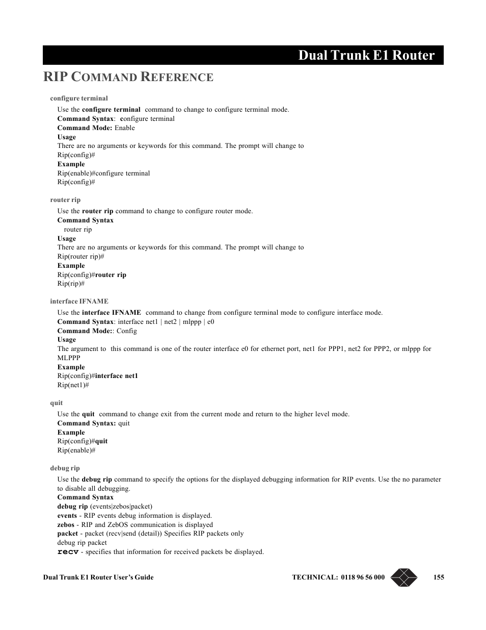 Rip command reference, Configure terminal, Router rip | Interface ifname, Quit, Debug rip, Dual trunk e1 router, Rip c, Ommand, Eference | Black Box LRU4240 User Manual | Page 167 / 218
