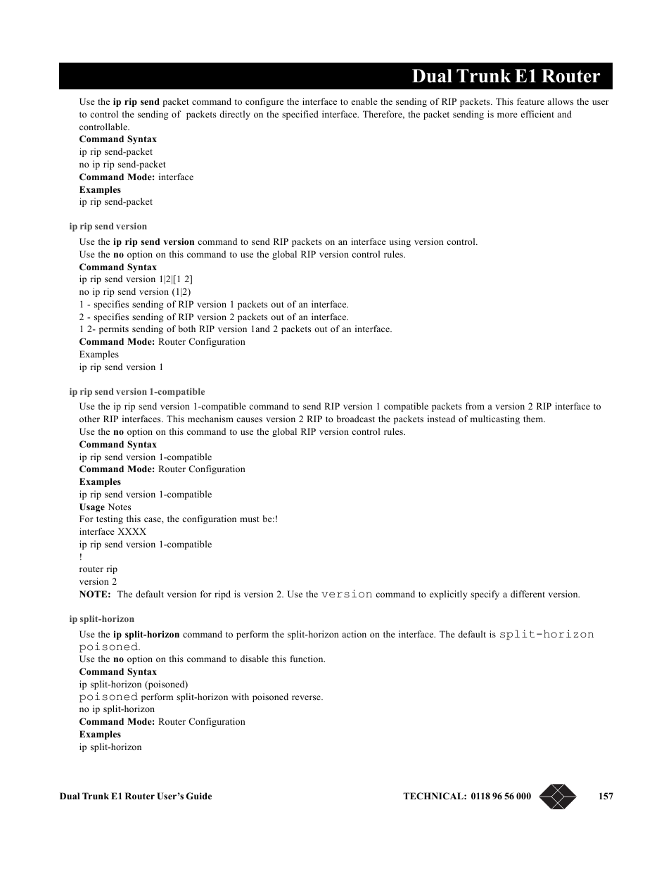 Ip rip send version, Ip rip send version 1-compatible, Ip split-horizon | Dual trunk e1 router | Black Box LRU4240 User Manual | Page 169 / 218