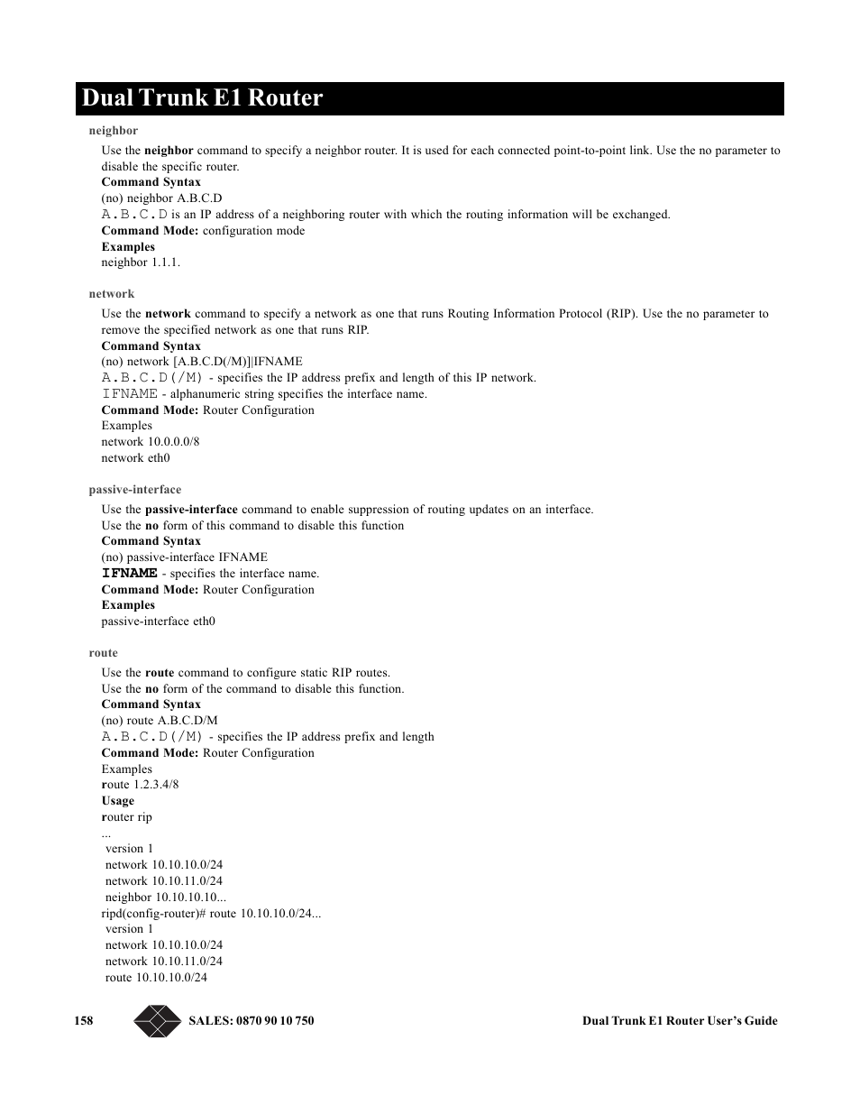 Neighbor, Network, Passive-interface | Route, Dual trunk e1 router | Black Box LRU4240 User Manual | Page 170 / 218