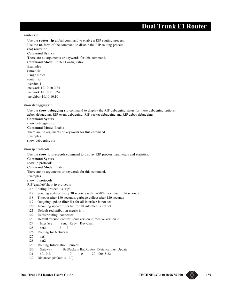 Router rip, Show debugging rip, Show ip protocols | Dual trunk e1 router | Black Box LRU4240 User Manual | Page 171 / 218