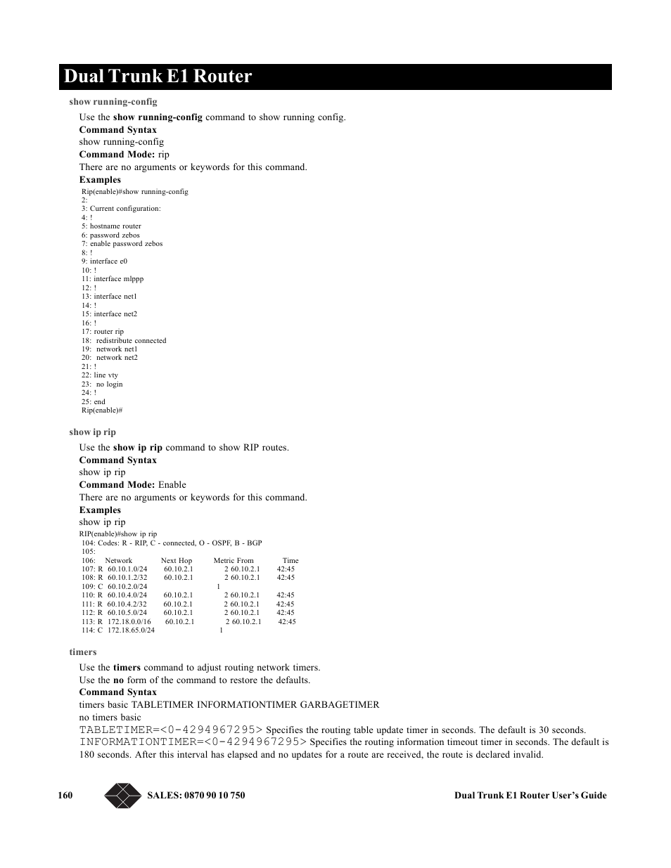 Show running-config, Show ip rip, Timers | Dual trunk e1 router | Black Box LRU4240 User Manual | Page 172 / 218