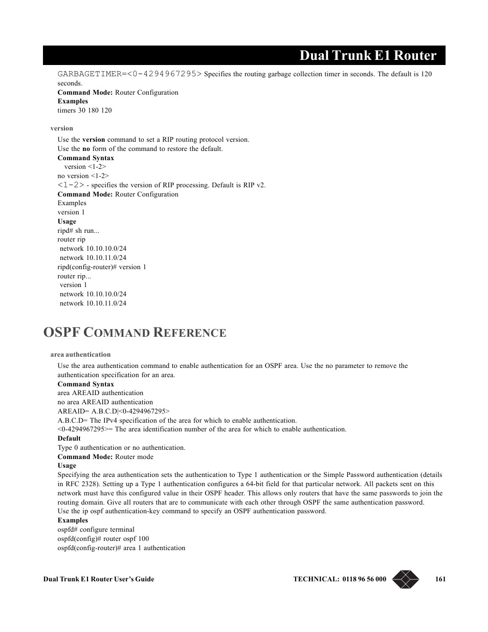 Version, Ospf command reference, Area authentication | Dual trunk e1 router, Ospf c, Ommand, Eference | Black Box LRU4240 User Manual | Page 173 / 218