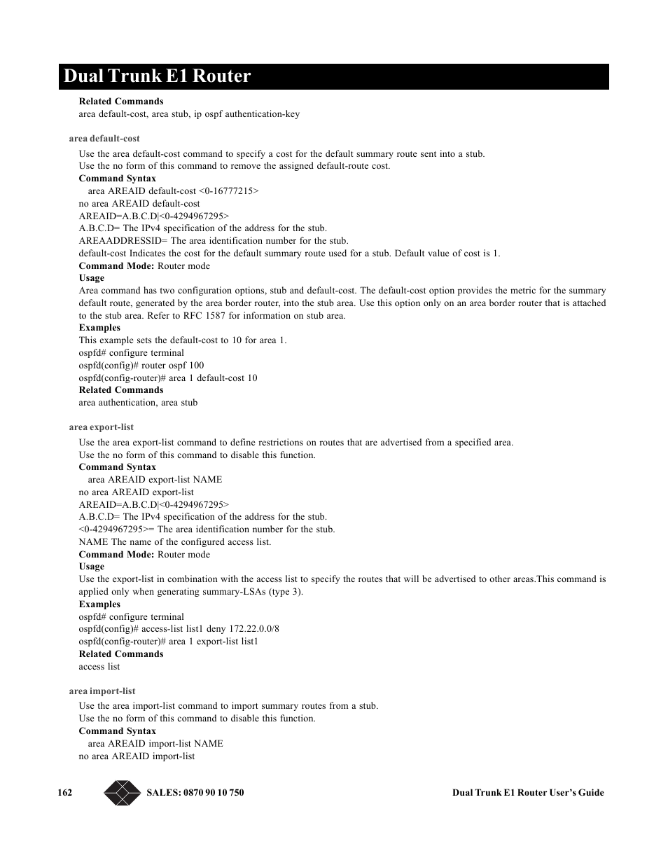 Area default-cost, Area export-list, Area import-list | Dual trunk e1 router | Black Box LRU4240 User Manual | Page 174 / 218