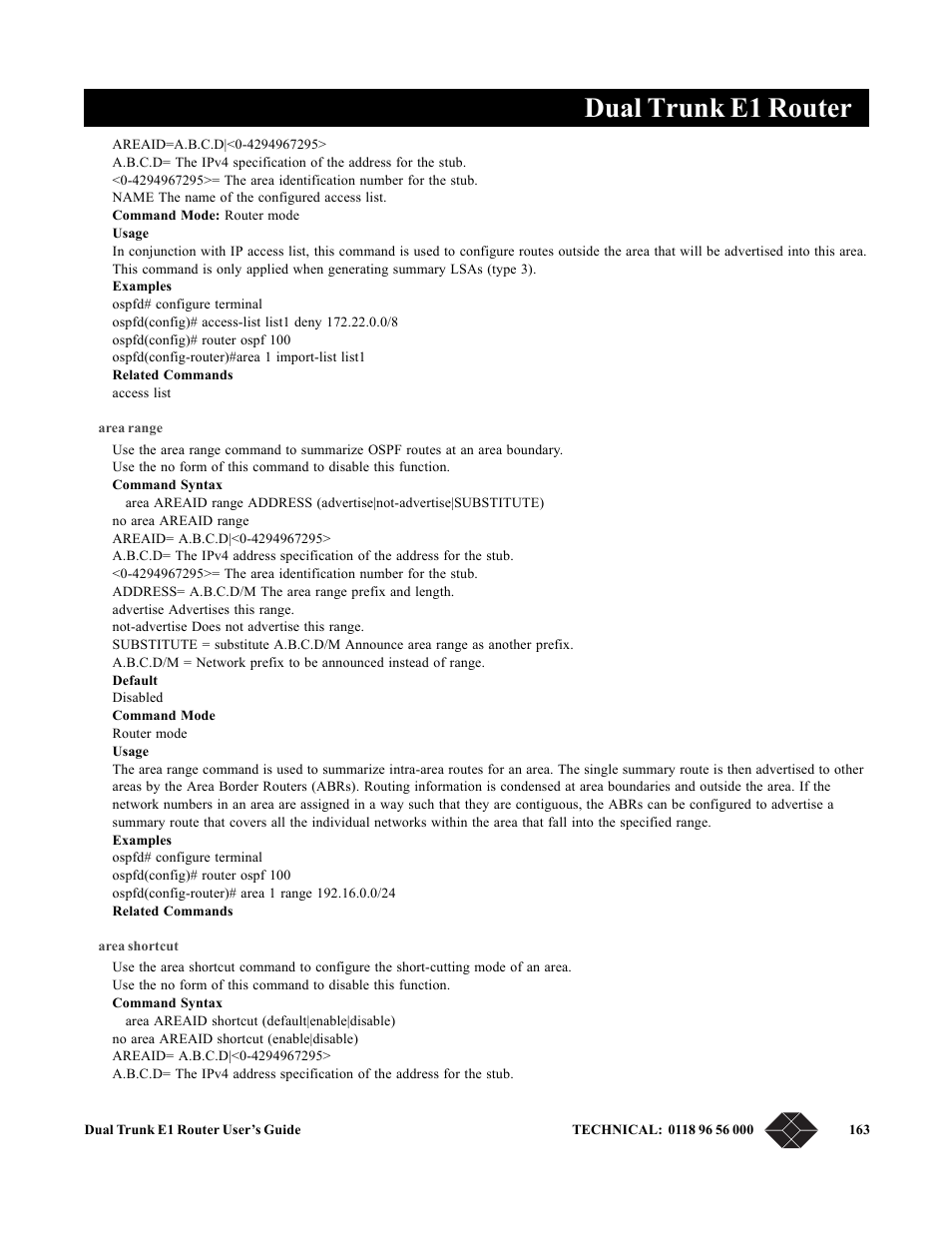 Area range, Area shortcut, Dual trunk e1 router | Black Box LRU4240 User Manual | Page 175 / 218