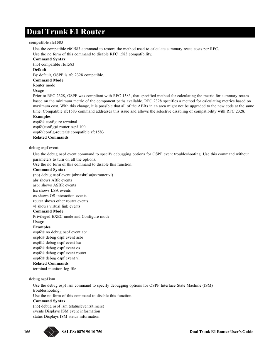 Compatible rfc1583, Debug ospf event, Debug ospf ism | Dual trunk e1 router | Black Box LRU4240 User Manual | Page 178 / 218