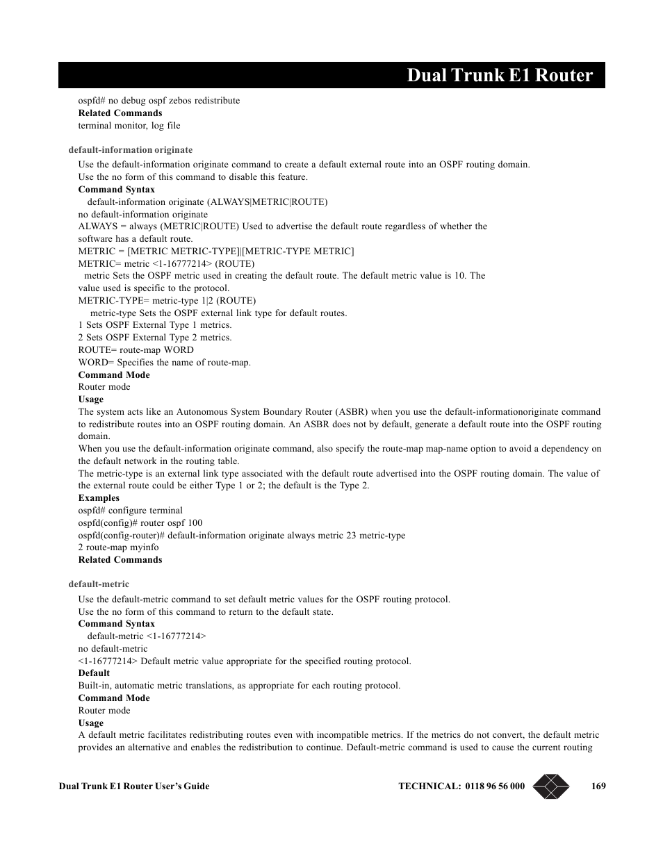 Default-information originate, Default-metric, Dual trunk e1 router | Black Box LRU4240 User Manual | Page 181 / 218