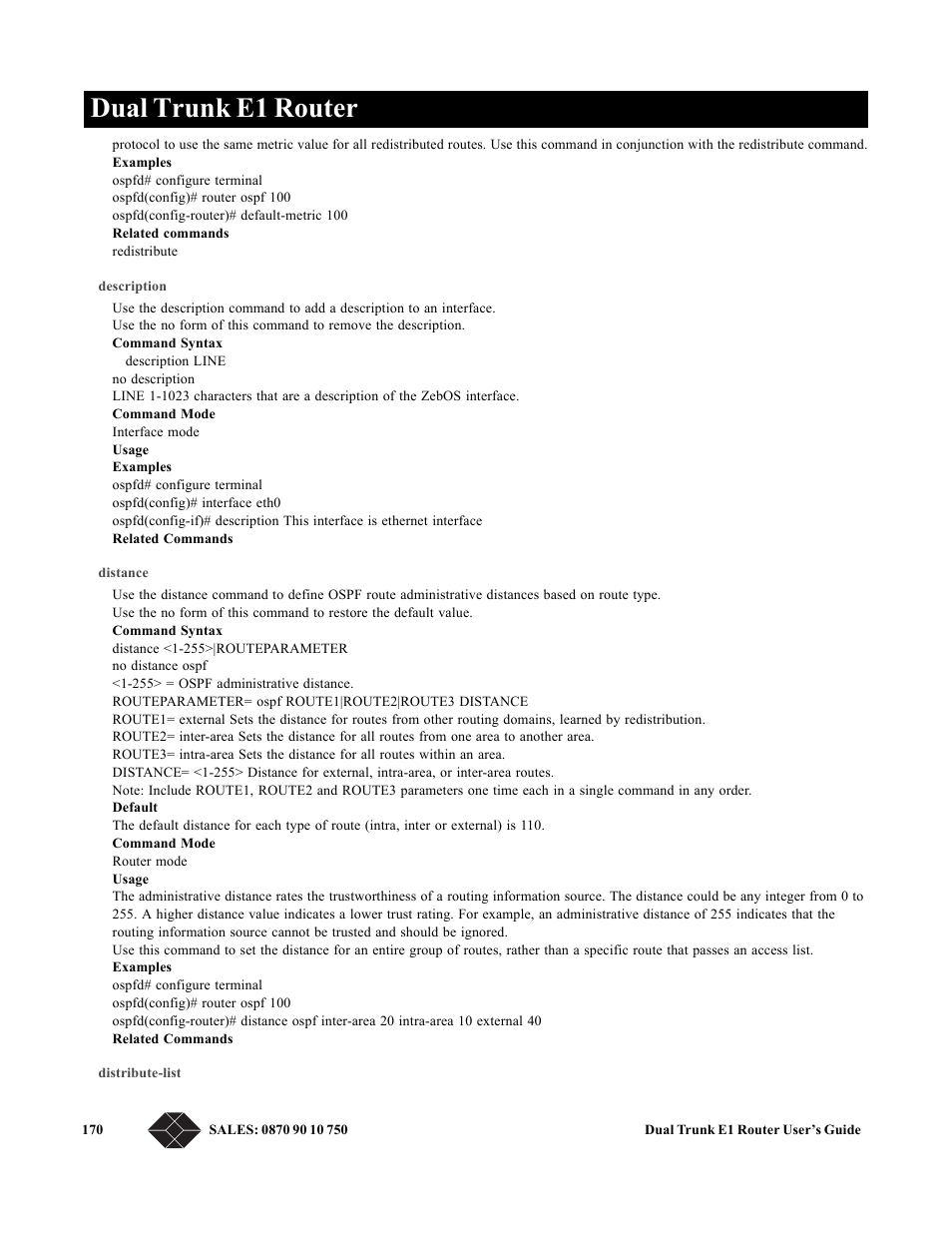 Description, Distance, Distribute-list | Dual trunk e1 router | Black Box LRU4240 User Manual | Page 182 / 218