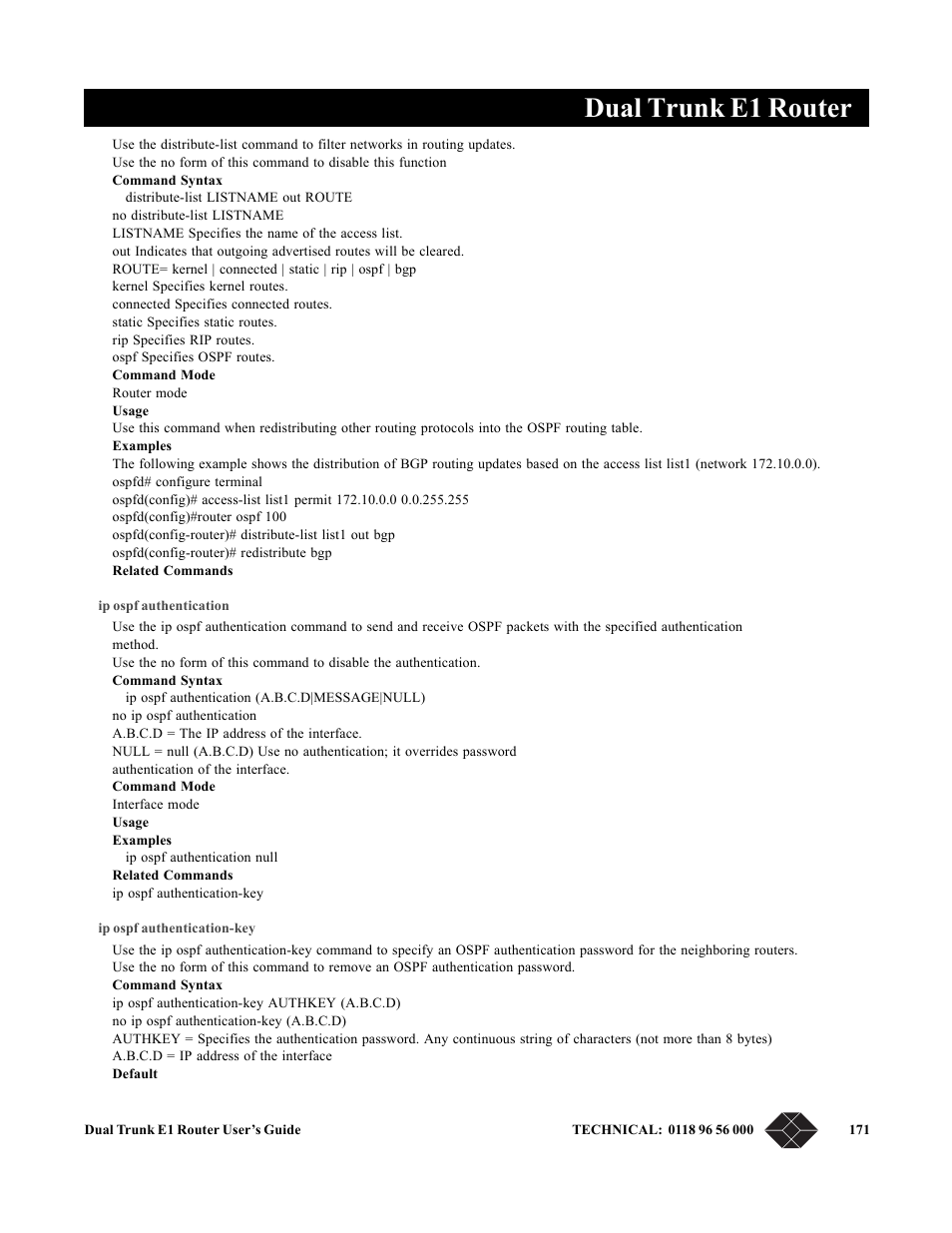 Ip ospf authentication, Ip ospf authentication-key, Dual trunk e1 router | Black Box LRU4240 User Manual | Page 183 / 218