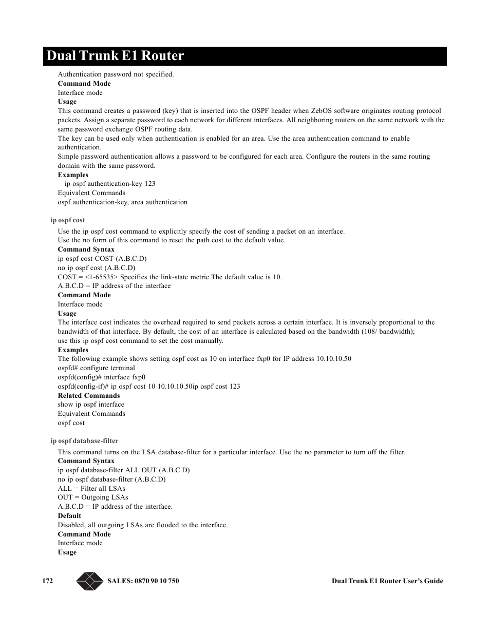 Ip ospf cost, Ip ospf database-filter, Dual trunk e1 router | Black Box LRU4240 User Manual | Page 184 / 218