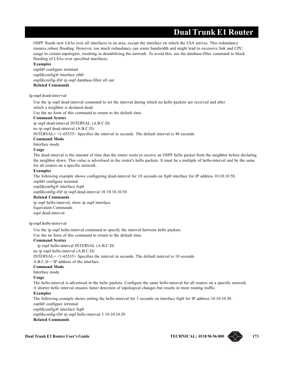 Ip ospf dead-interval, Ip ospf hello-interval, Dual trunk e1 router | Black Box LRU4240 User Manual | Page 185 / 218