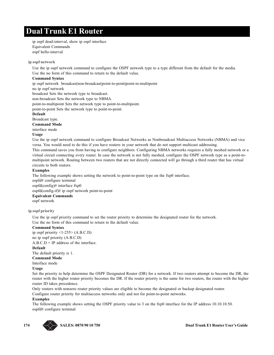 Ip ospf network, Ip ospf priority, Dual trunk e1 router | Black Box LRU4240 User Manual | Page 186 / 218