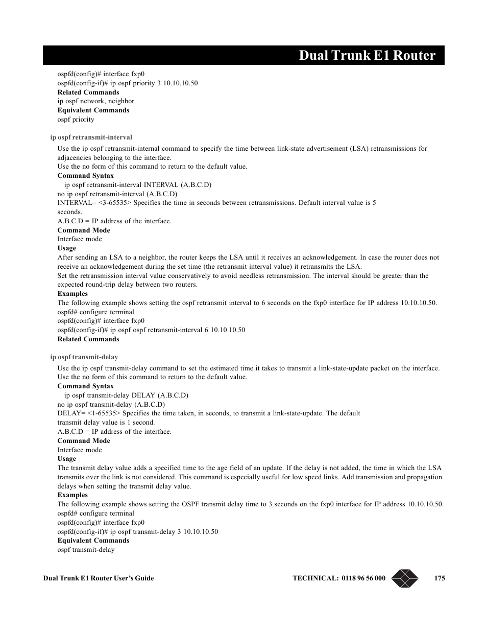 Ip ospf retransmit-interval, Ip ospf transmit-delay, Dual trunk e1 router | Black Box LRU4240 User Manual | Page 187 / 218