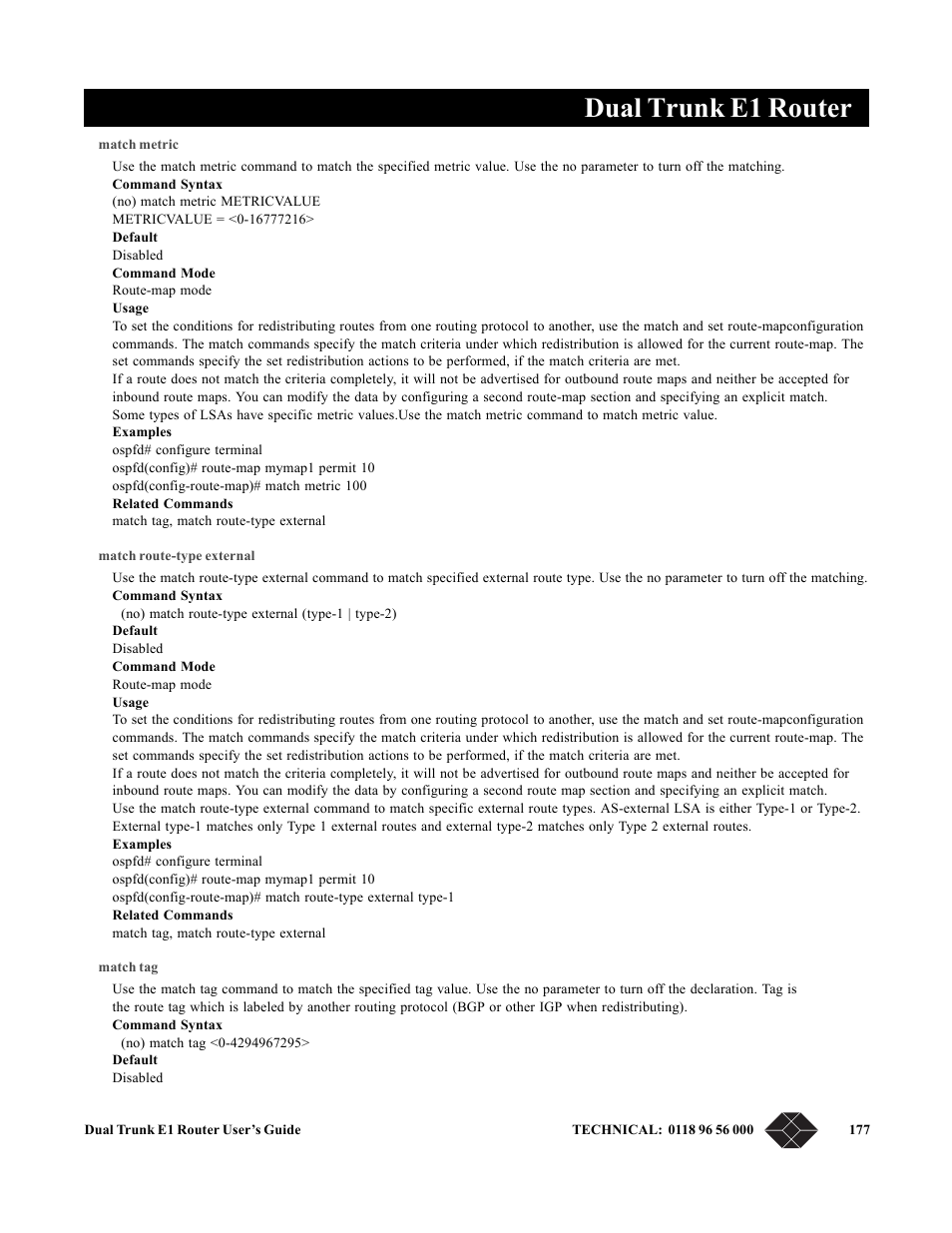 Match metric, Match route-type external, Match tag | Dual trunk e1 router | Black Box LRU4240 User Manual | Page 189 / 218