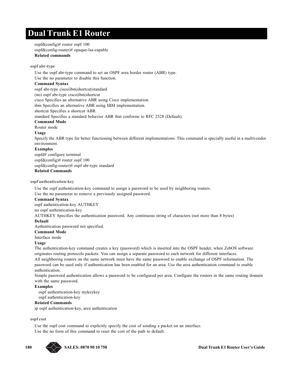 Ospf abr-type, Ospf authentication-key, Ospf cost | Dual trunk e1 router | Black Box LRU4240 User Manual | Page 192 / 218