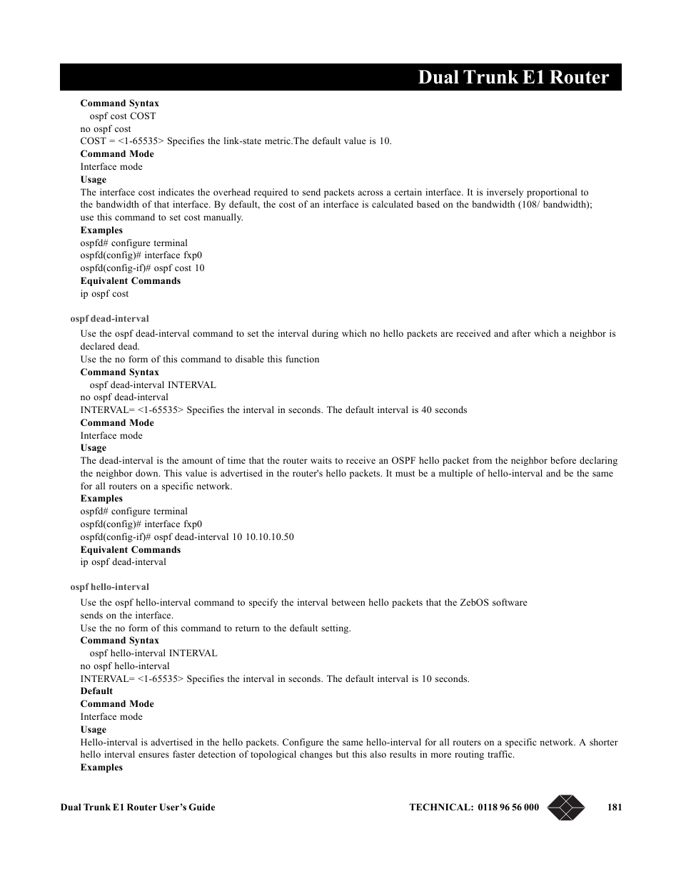 Ospf dead-interval, Ospf hello-interval, Dual trunk e1 router | Black Box LRU4240 User Manual | Page 193 / 218