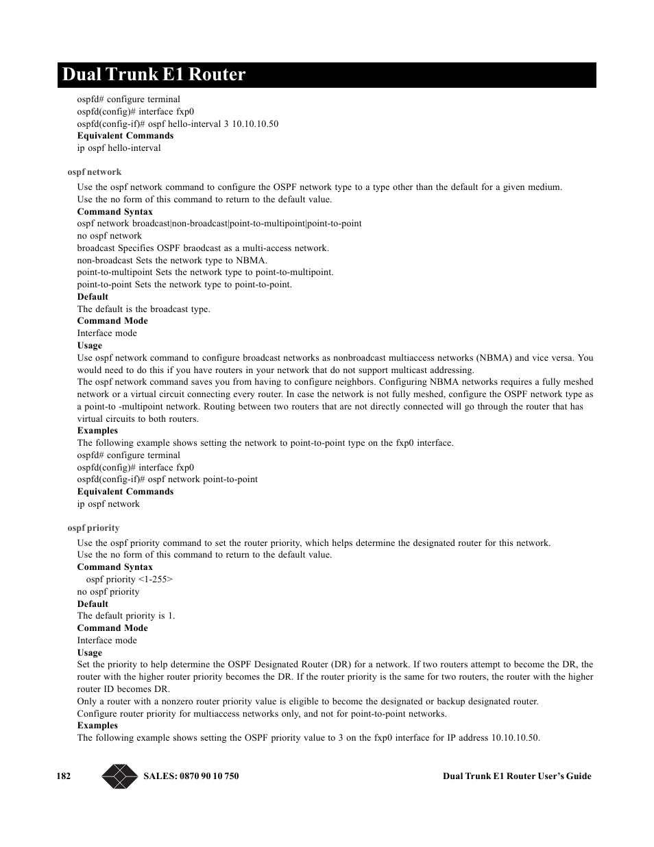 Ospf network, Ospf priority, Dual trunk e1 router | Black Box LRU4240 User Manual | Page 194 / 218