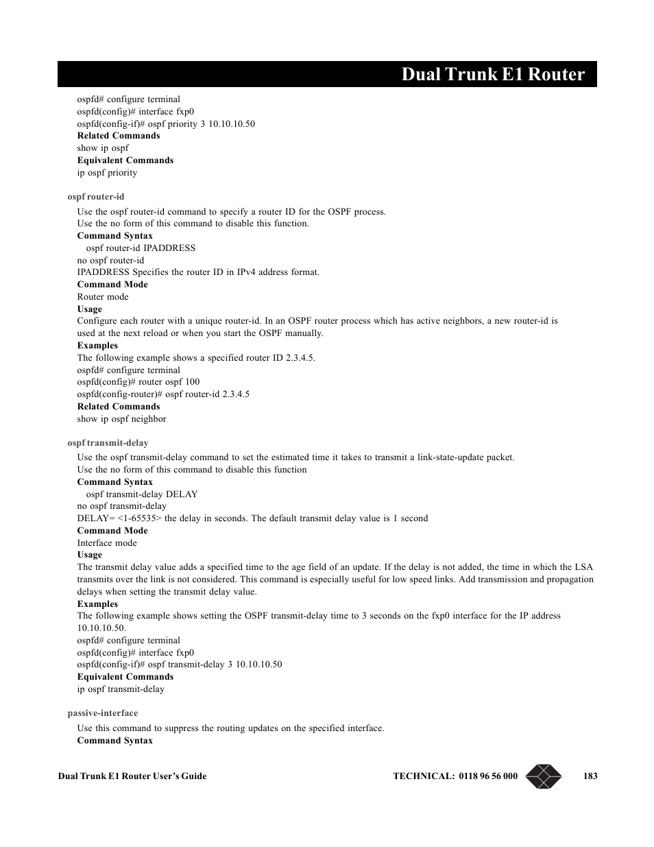 Ospf router-id, Ospf transmit-delay, Passive-interface | Dual trunk e1 router | Black Box LRU4240 User Manual | Page 195 / 218