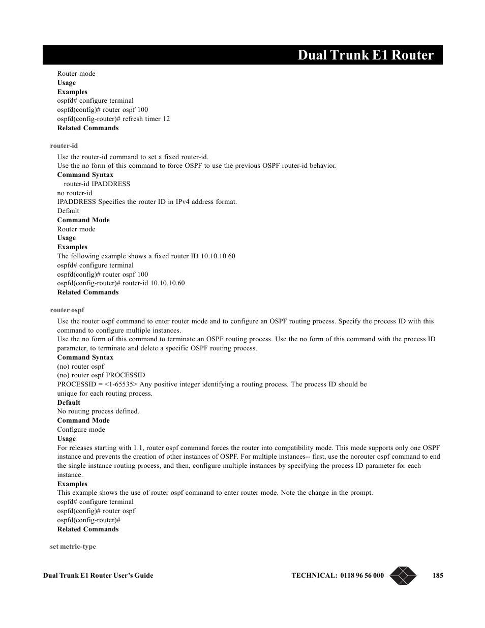 Router-id, Router ospf, Set metric-type | Dual trunk e1 router | Black Box LRU4240 User Manual | Page 197 / 218