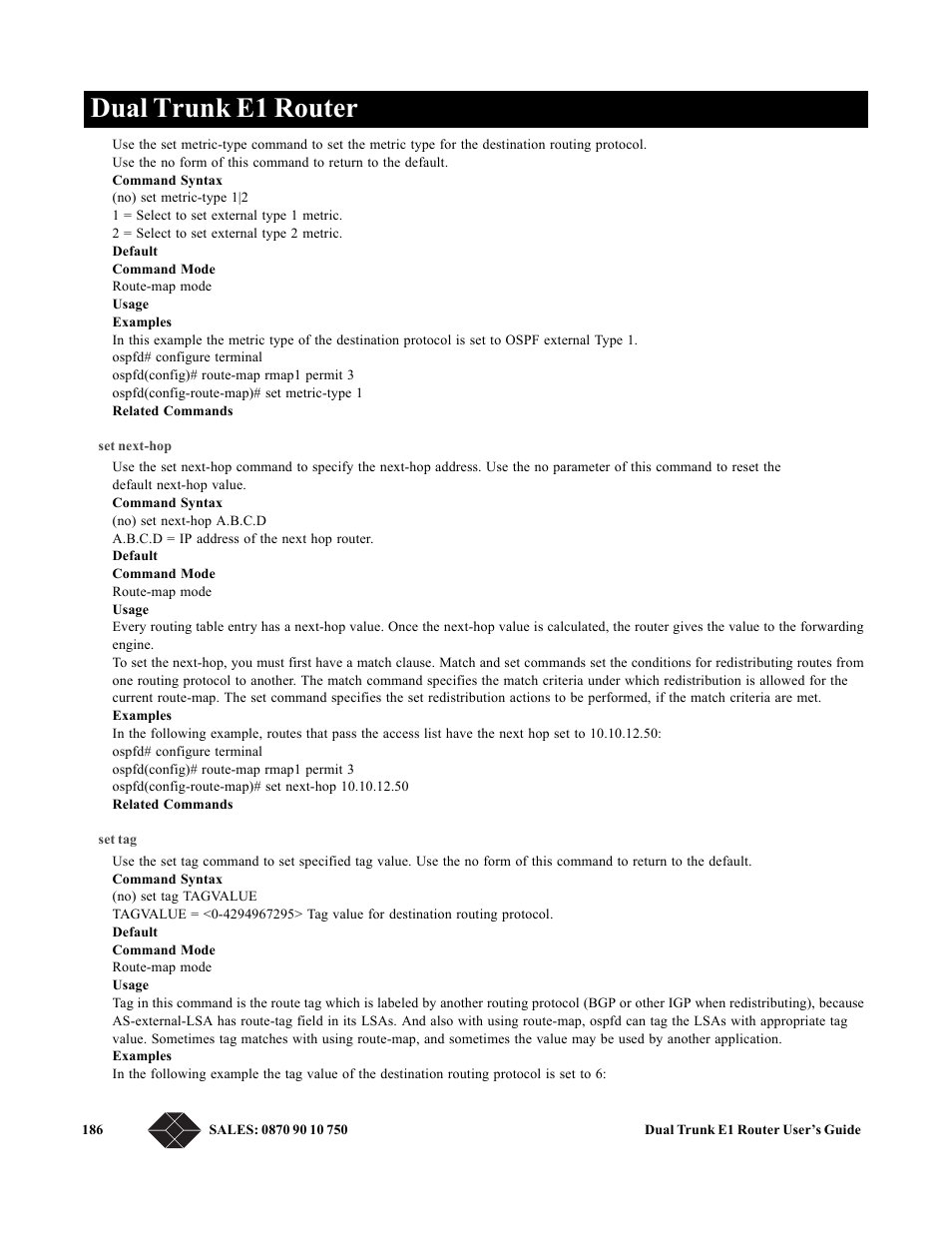 Set next-hop, Set tag, Dual trunk e1 router | Black Box LRU4240 User Manual | Page 198 / 218