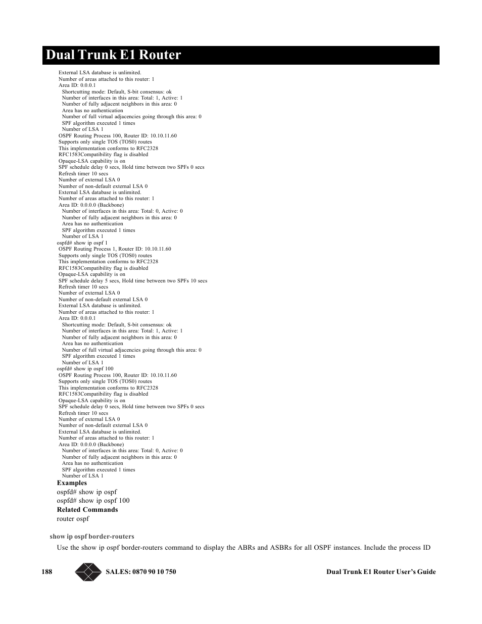 Show ip ospf border-routers, Dual trunk e1 router | Black Box LRU4240 User Manual | Page 200 / 218