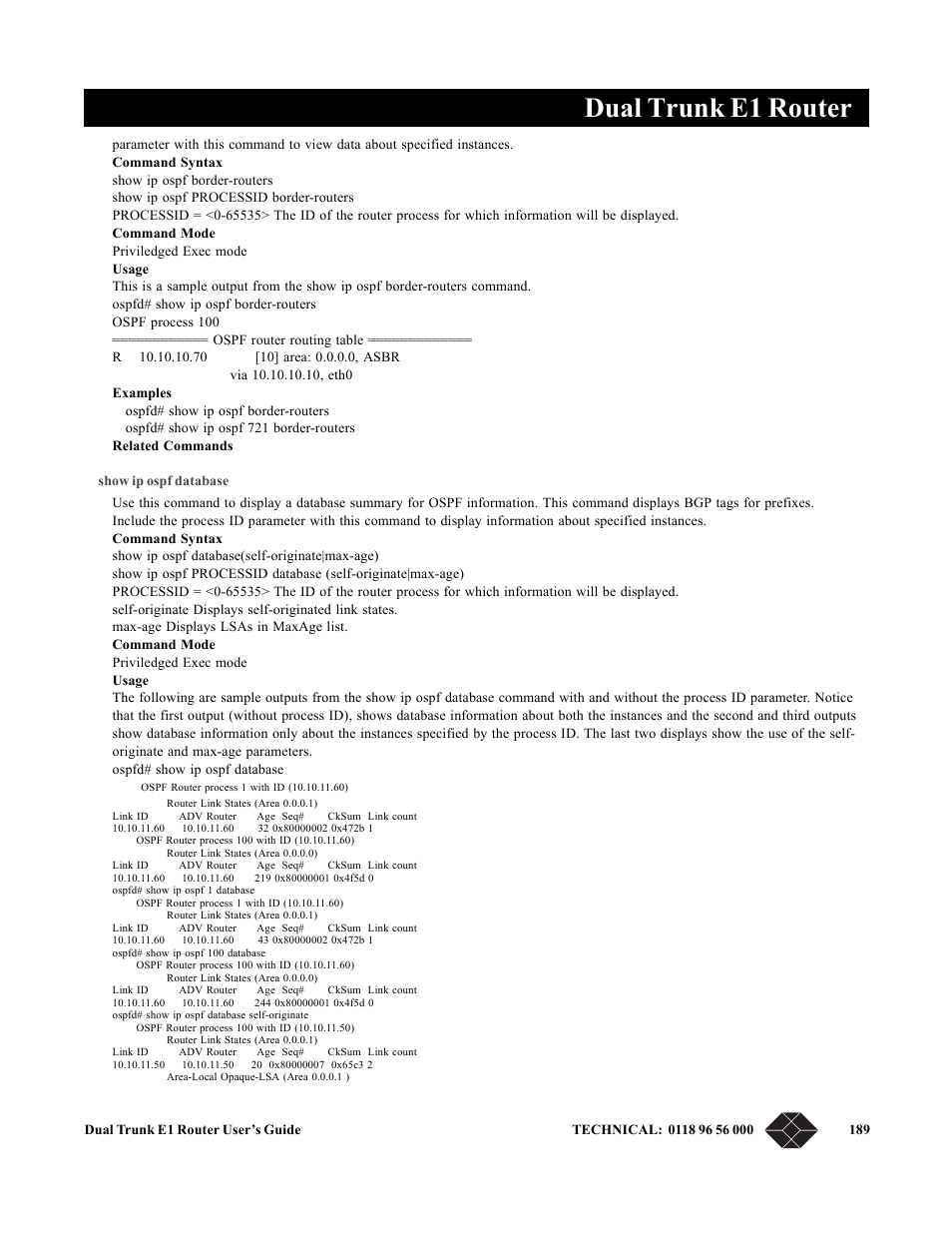 Show ip ospf database, Dual trunk e1 router | Black Box LRU4240 User Manual | Page 201 / 218