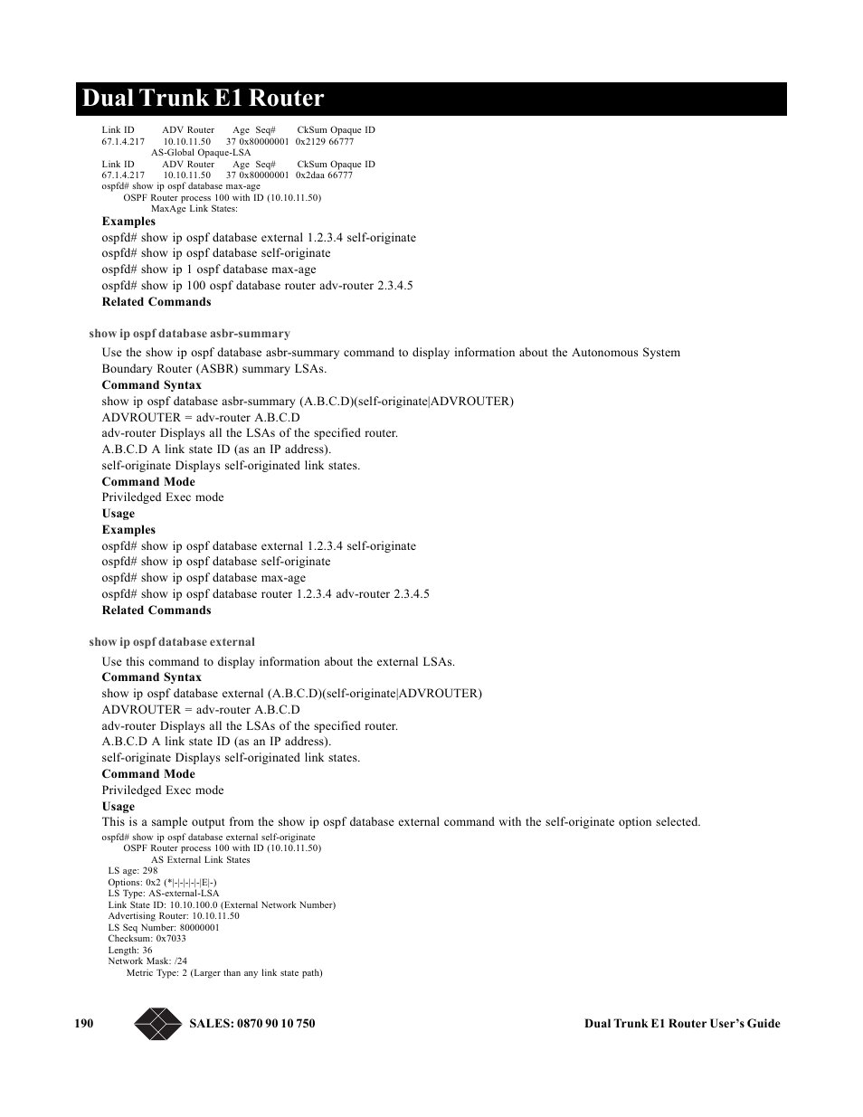 Show ip ospf database asbr-summary, Show ip ospf database external, Dual trunk e1 router | Black Box LRU4240 User Manual | Page 202 / 218