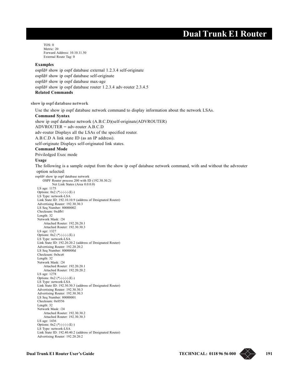 Show ip ospf database network, Dual trunk e1 router | Black Box LRU4240 User Manual | Page 203 / 218