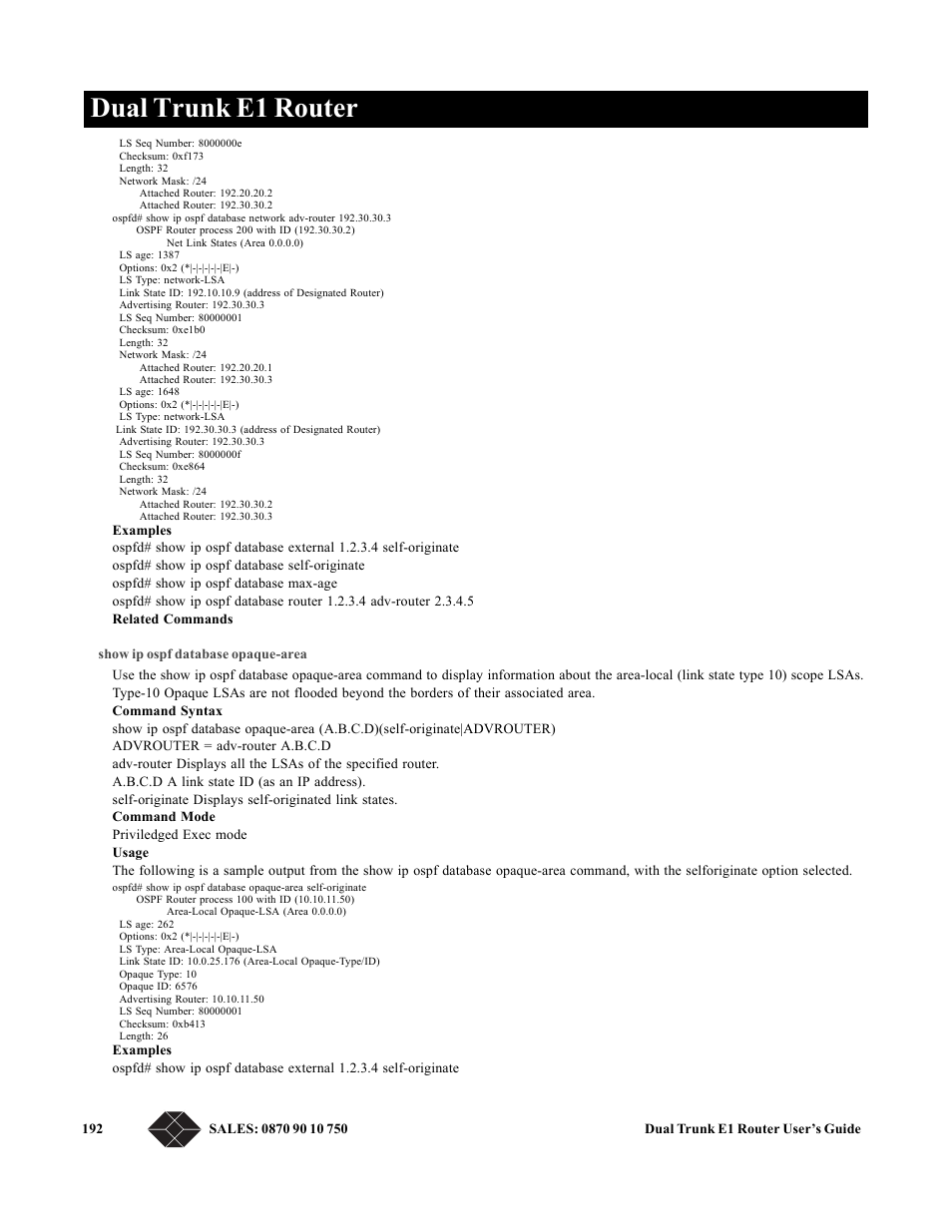 Show ip ospf database opaque-area, Dual trunk e1 router | Black Box LRU4240 User Manual | Page 204 / 218