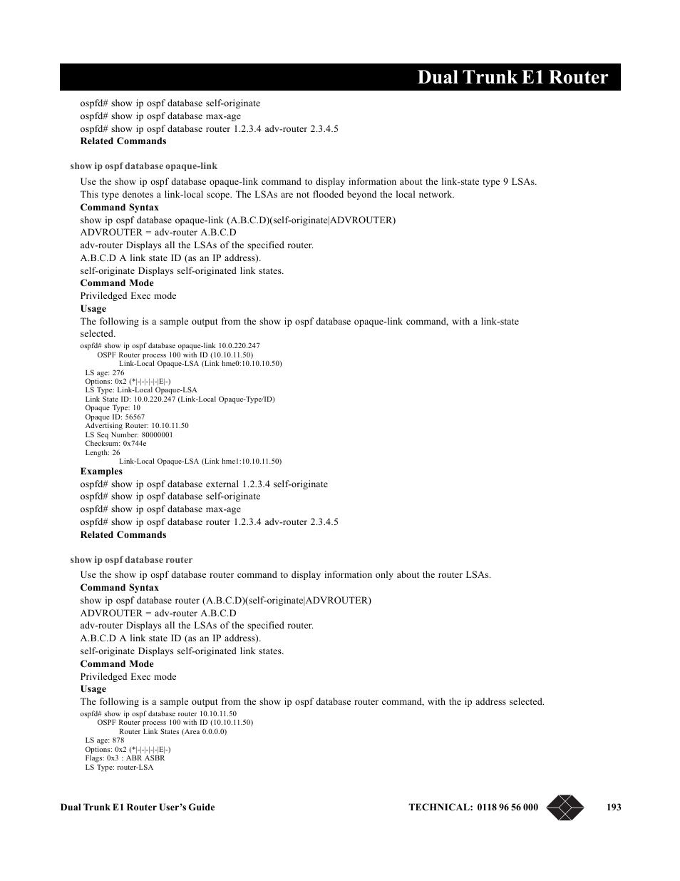 Show ip ospf database opaque-link, Show ip ospf database router, Dual trunk e1 router | Black Box LRU4240 User Manual | Page 205 / 218