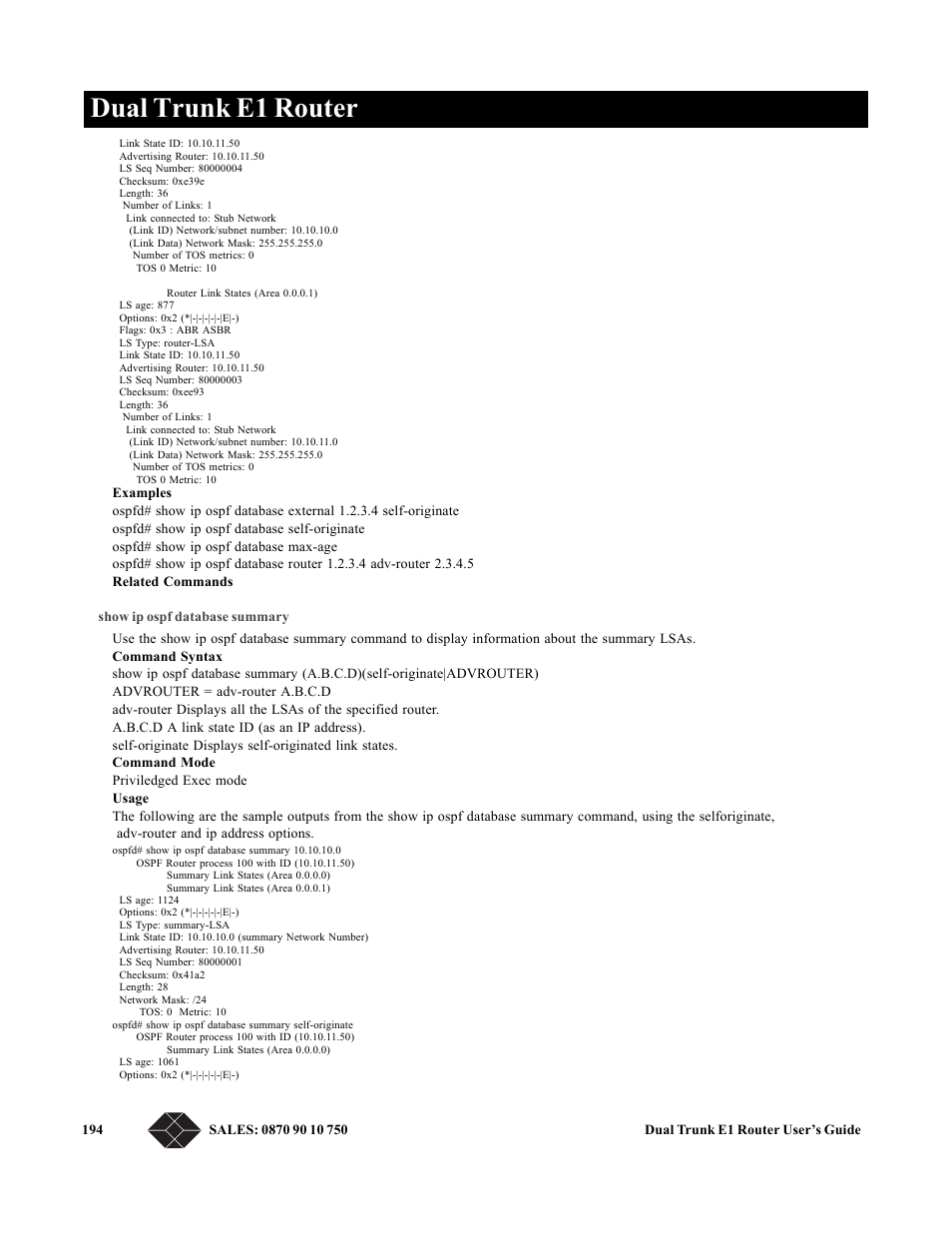 Show ip ospf database summary, Dual trunk e1 router | Black Box LRU4240 User Manual | Page 206 / 218