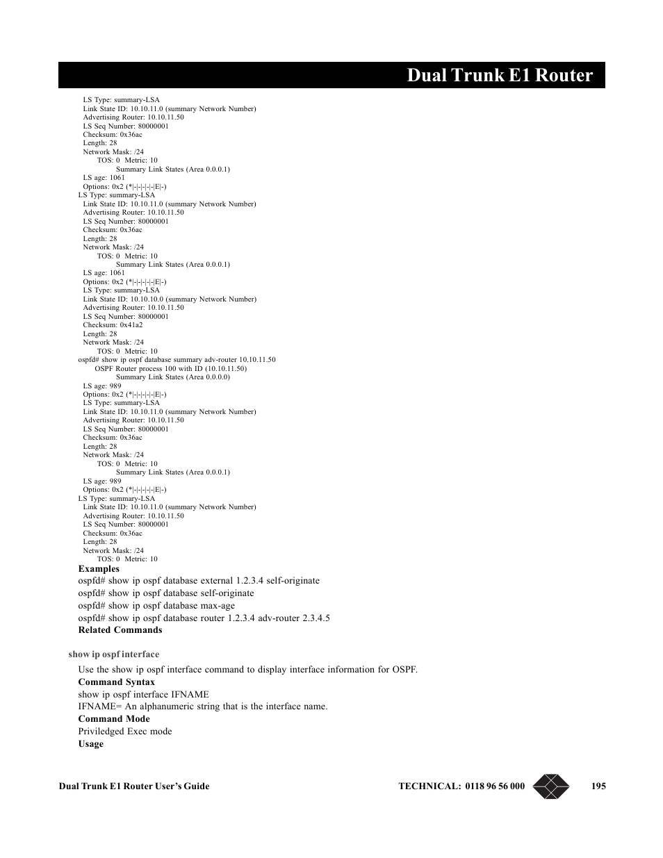 Show ip ospf interface, Dual trunk e1 router | Black Box LRU4240 User Manual | Page 207 / 218