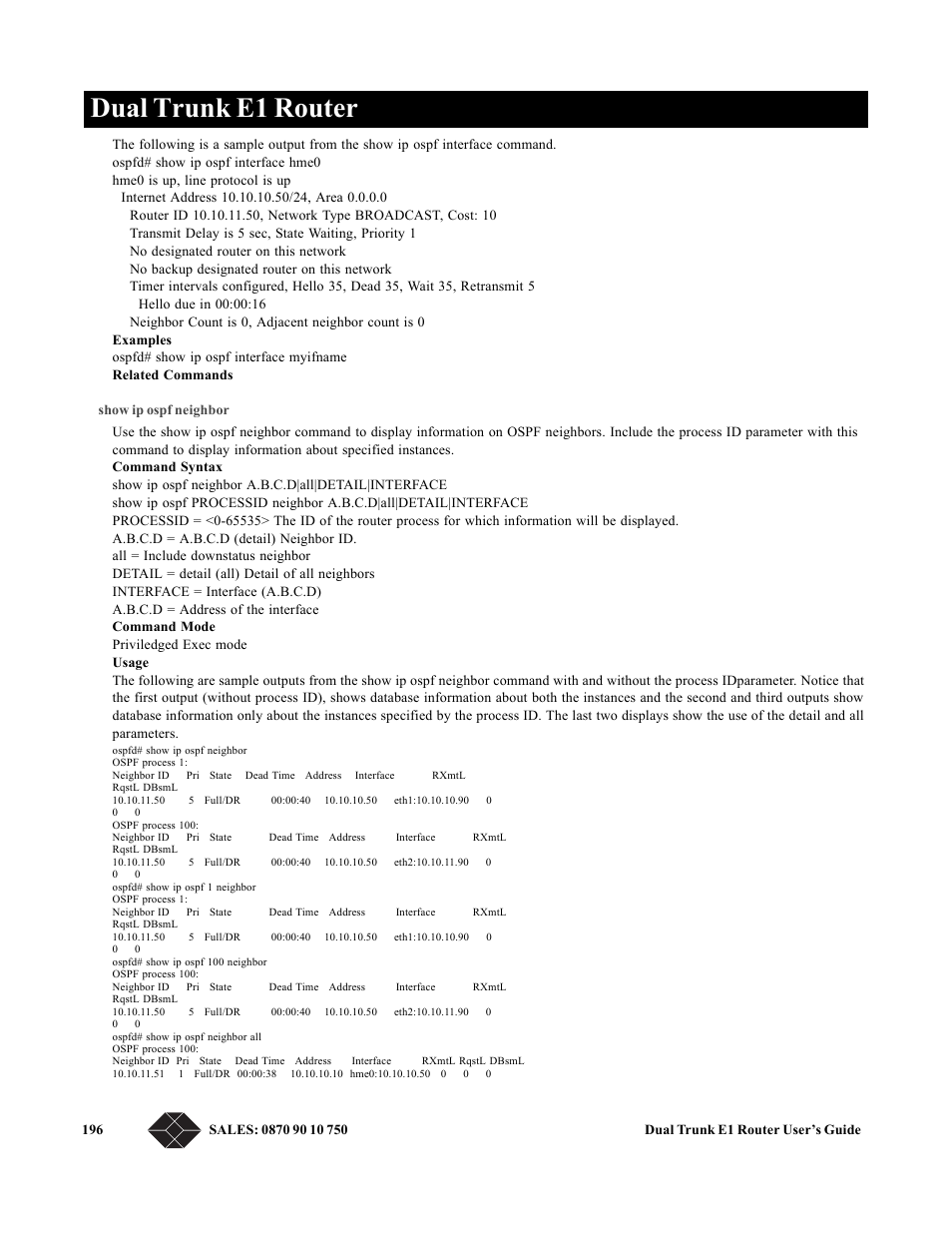 Show ip ospf neighbor, Dual trunk e1 router | Black Box LRU4240 User Manual | Page 208 / 218