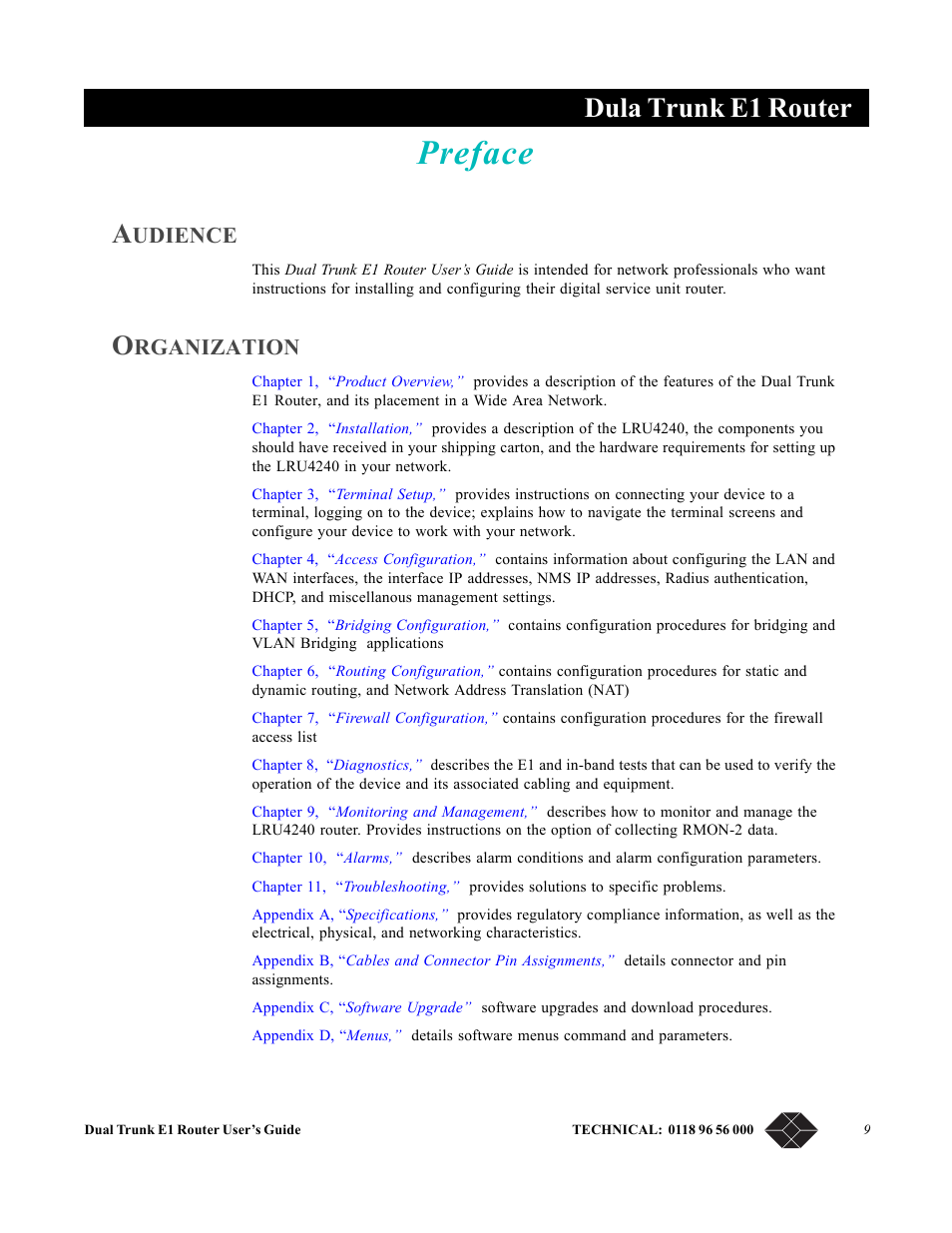 Audience, Organization, Preface 9 | Preface, Dula trunk e1 router, Udience, Rganization | Black Box LRU4240 User Manual | Page 21 / 218