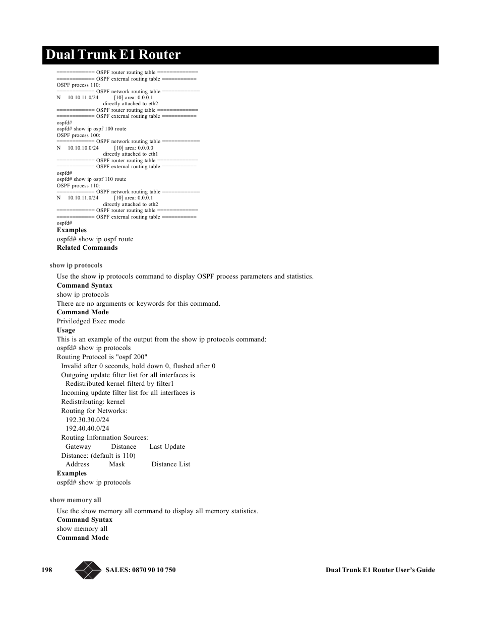 Show ip protocols, Show memory all, Dual trunk e1 router | Black Box LRU4240 User Manual | Page 210 / 218