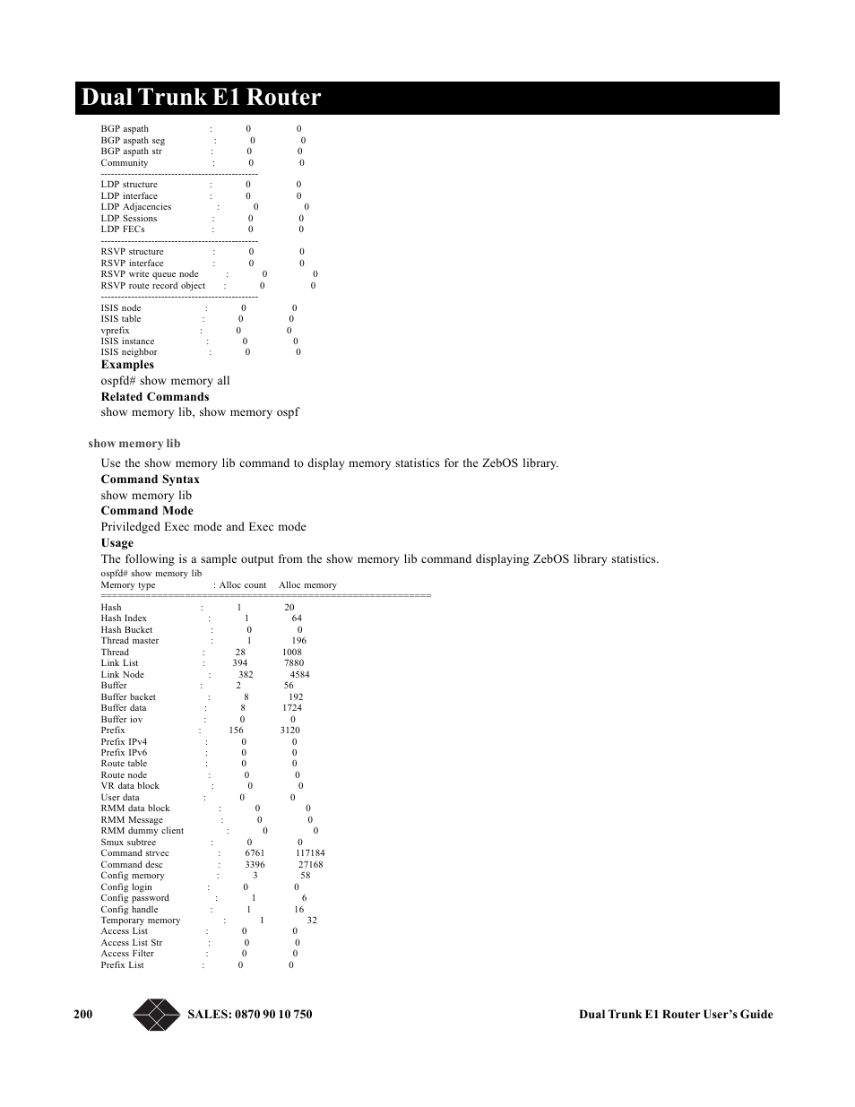 Show memory lib, Dual trunk e1 router | Black Box LRU4240 User Manual | Page 212 / 218