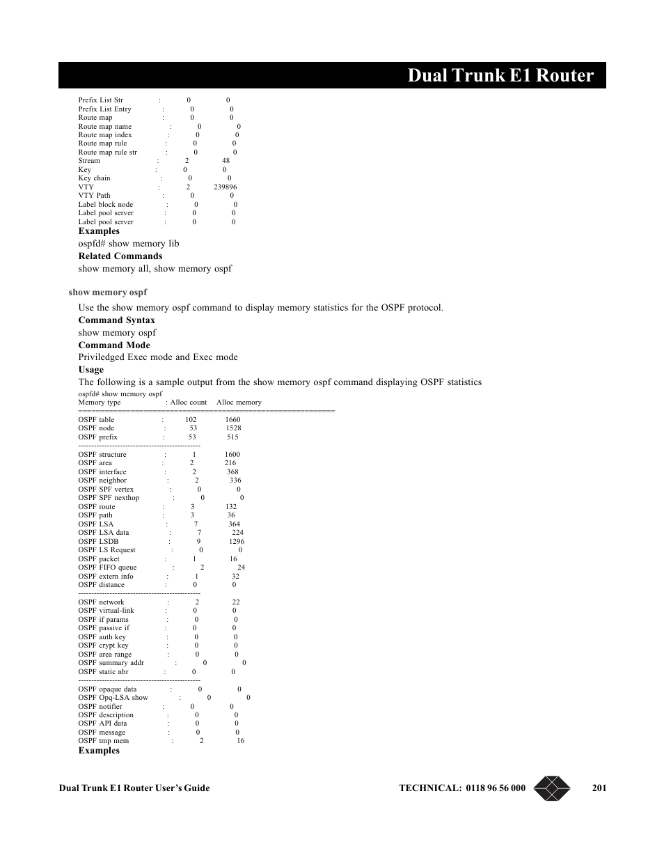 Show memory ospf, Dual trunk e1 router | Black Box LRU4240 User Manual | Page 213 / 218