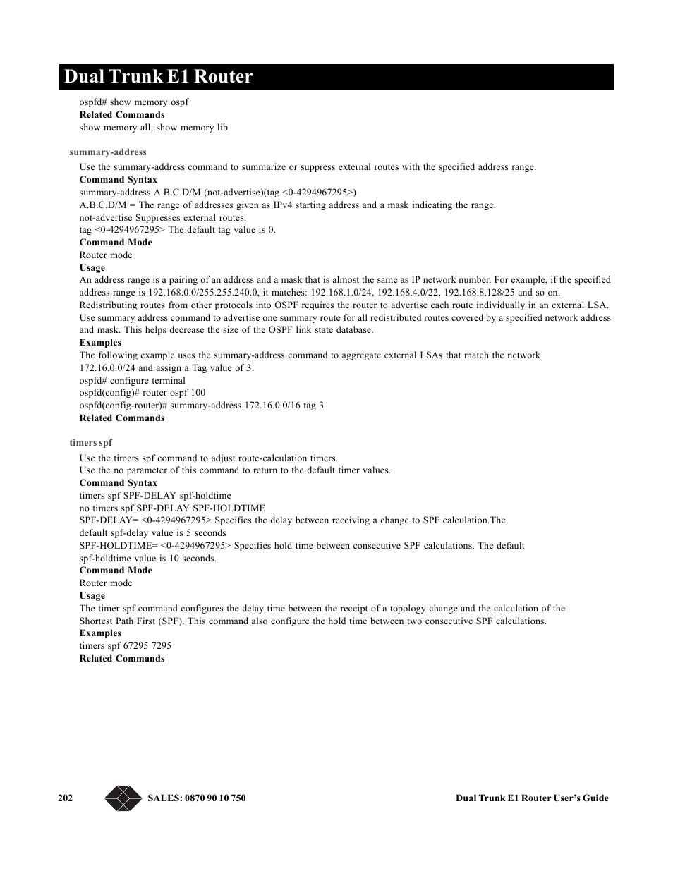 Summary-address, Timers spf, Dual trunk e1 router | Black Box LRU4240 User Manual | Page 214 / 218