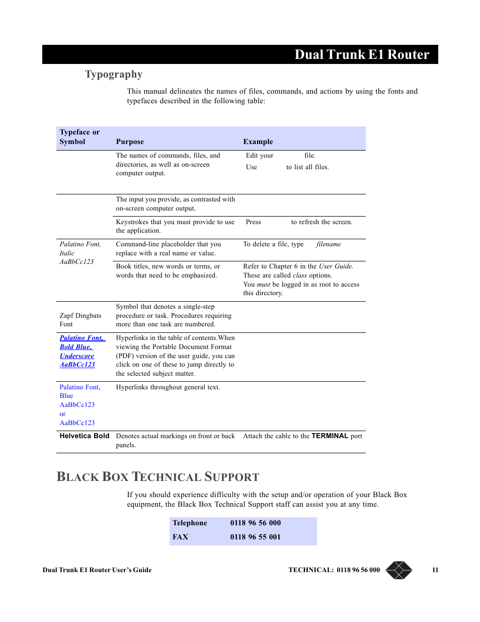 Typography, Black box technical support, Dual trunk e1 router | Lack, Echnical, Upport | Black Box LRU4240 User Manual | Page 23 / 218