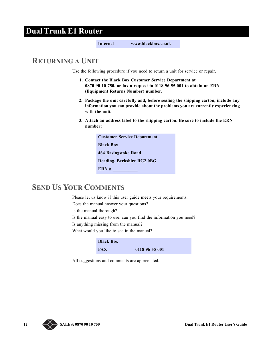 Returning a unit, Send us your comments, Dual trunk e1 router r | Black Box LRU4240 User Manual | Page 24 / 218