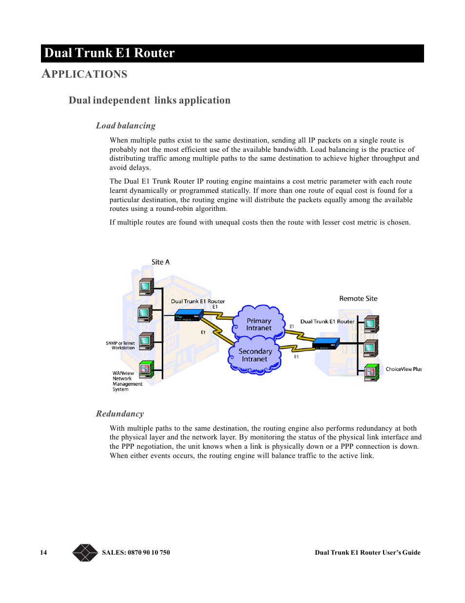 Applications, Dual independent links application, Load balancing | Redundancy, Dual trunk e1 router a, Pplications | Black Box LRU4240 User Manual | Page 26 / 218